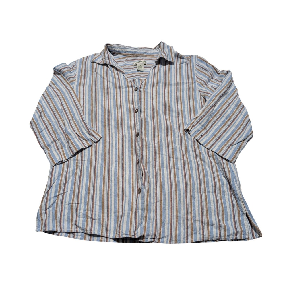 Orvis Womens Blue Tan Striped Linen Blend 3/4‎ Sleeve Button Down Shirt Medium